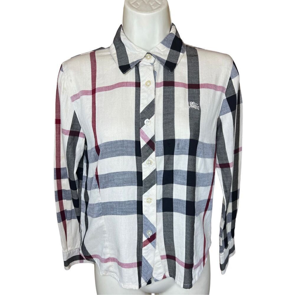 Burberry White Plaid Button-Down Shirt with Black, Gray and Burgundy Stripes